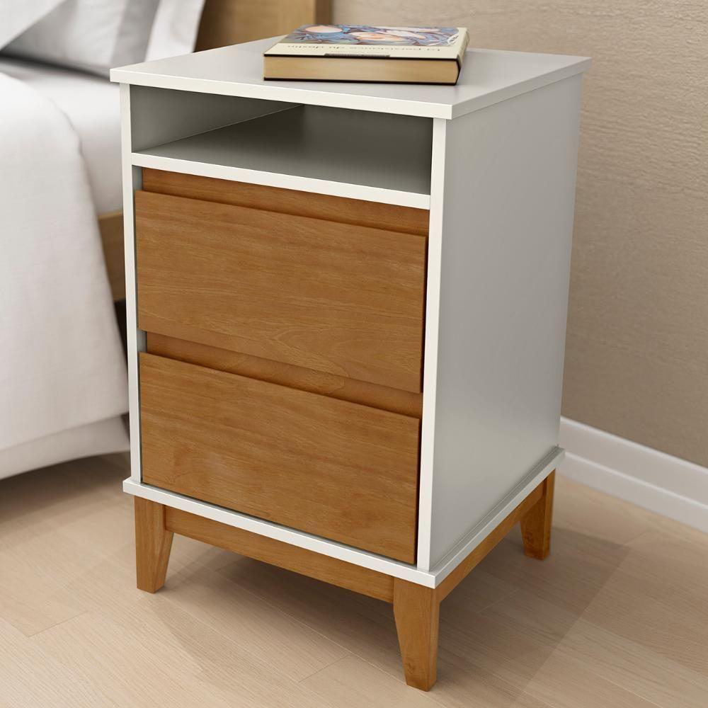Mesa Cabeceira 43cm Para Quarto 2 Gavetas Solvi Off White/freijó F07 - Mpozenato - 1