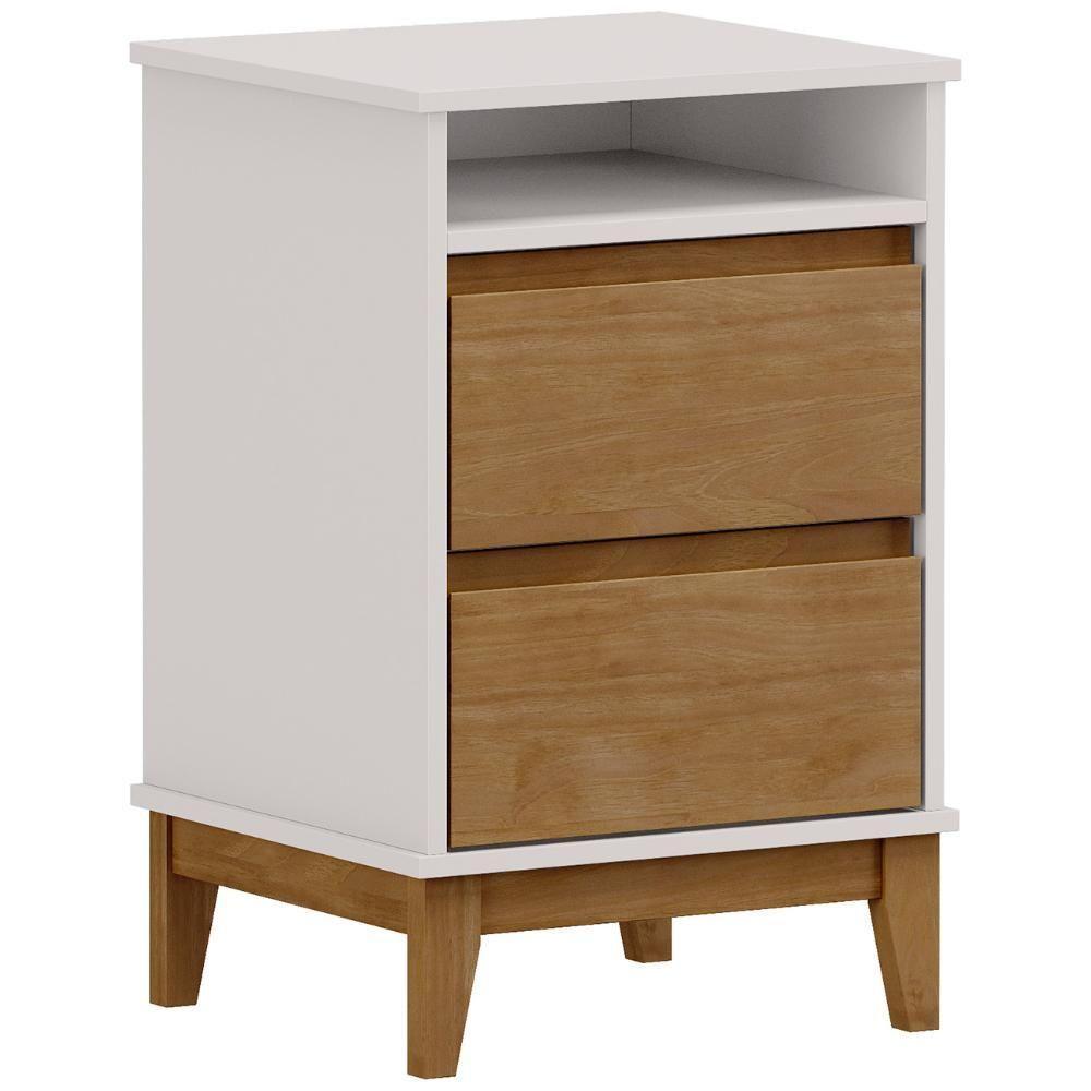Mesa Cabeceira 43cm Para Quarto 2 Gavetas Solvi Off White/freijó F07 - Mpozenato - 2