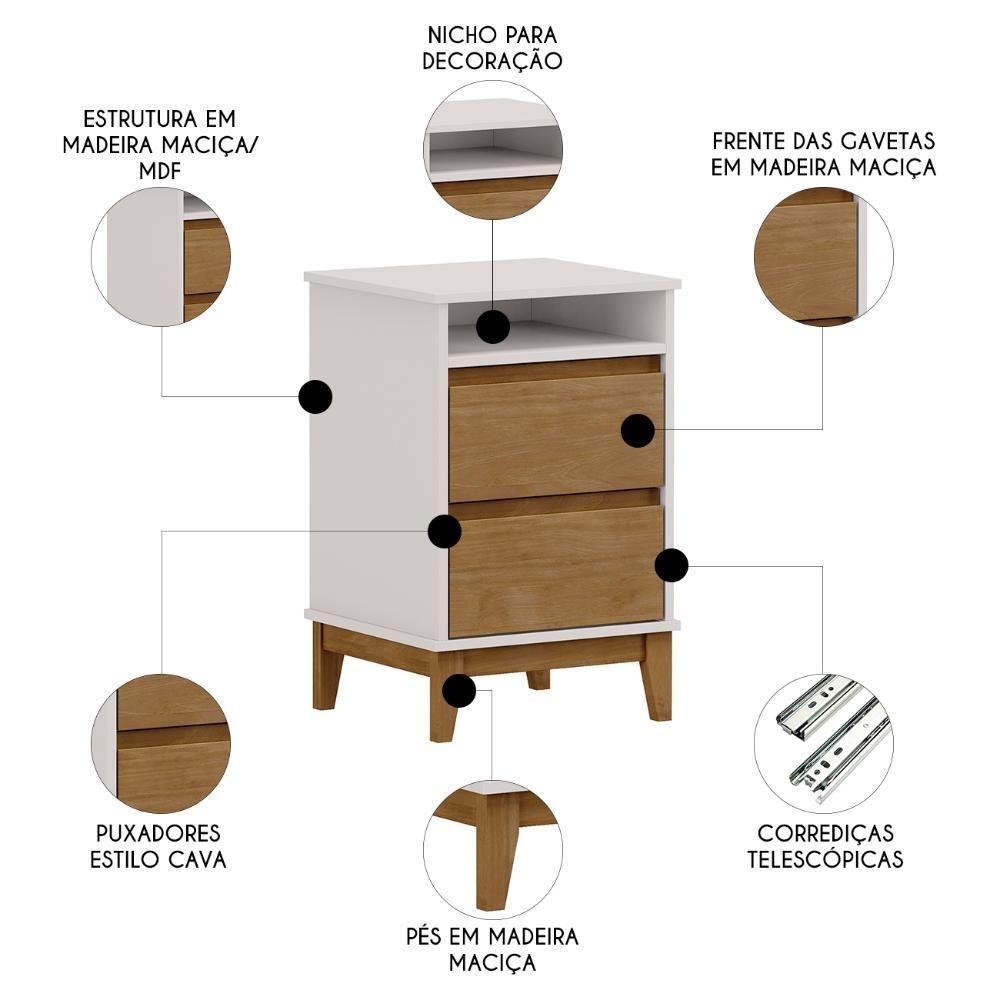 Mesa Cabeceira 43cm Para Quarto 2 Gavetas Solvi Off White/freijó F07 - Mpozenato - 3