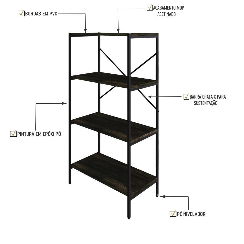 Estante Com 4 Prateleiras 118x60x33cm Tub TUEH1164 Carvalho Dark Est.preta - 3