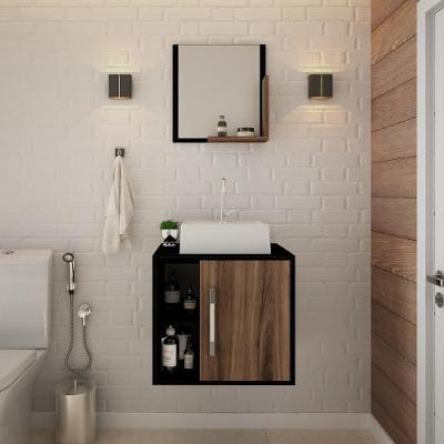 Conjunto Balcão Com Cuba Q32 E Espelheira Soft 500 Preto Ônix Com Carvalho Dark Preto Ônix Com Nogal