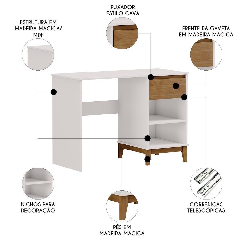 Escrivaninha 110cm 1 Gaveta Home Office Solvi Off White/freijó F07 - Mpozenato - 3