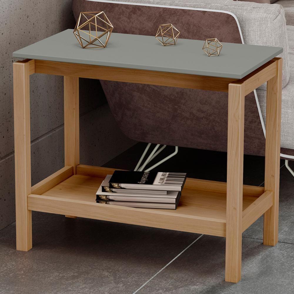 Mesa Lateral Com Prateleira Pé Madeira Soleil Oak/cinza F07 - Mpozenato - 1