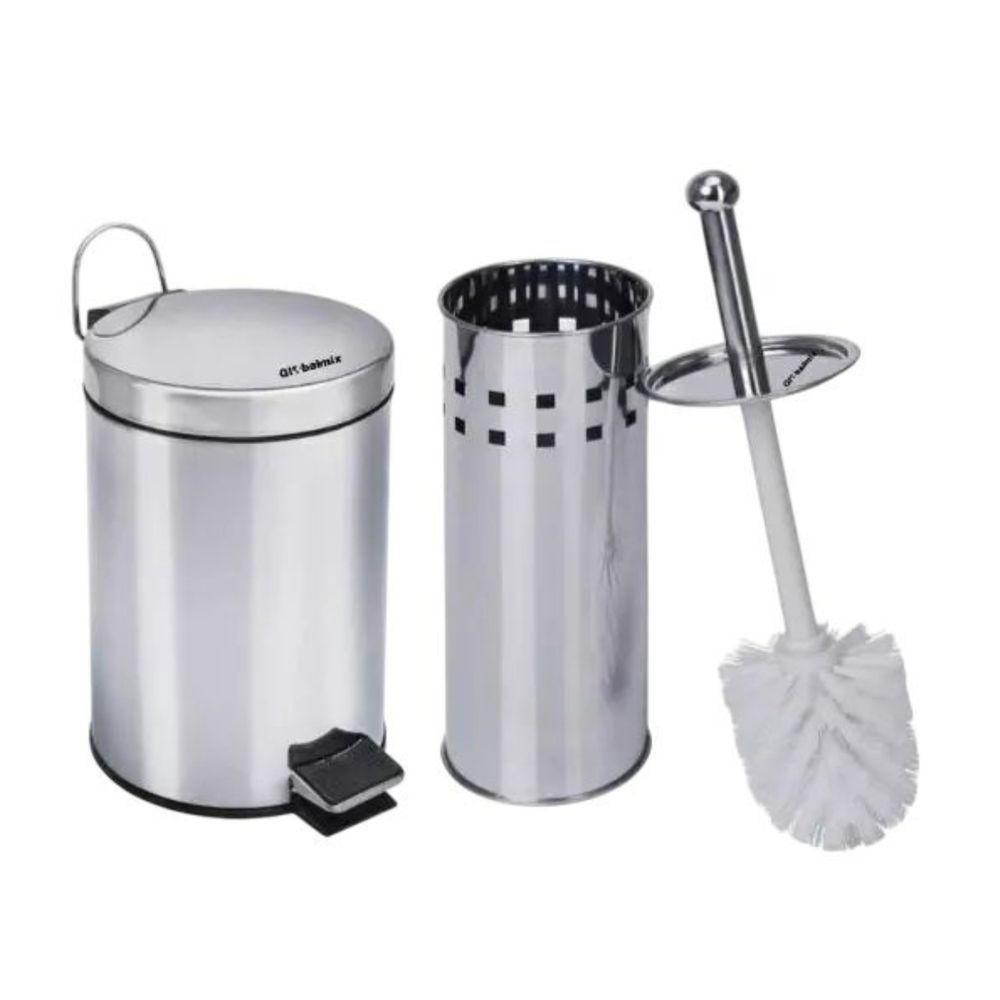 Kit Lixeira Inox 5L + Escova Sanitária E Suporte Para Banheiro Chique - 1