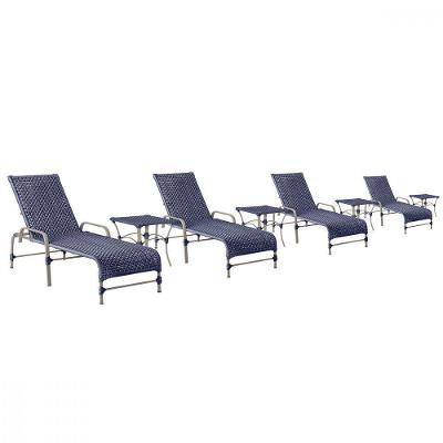 4 Espreguiçadeiras Catar 4 Mesas Garden Corda Náutica Trama Azul