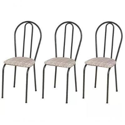Kit 03 Cadeiras Tubular Cromo Preto 004 Assento Rattan Ratta