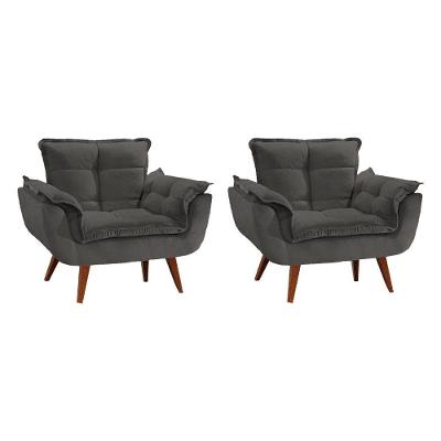 Kit 2 Poltronas Decorativas Opala Pés Palito Suede Cinza