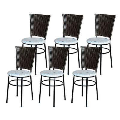 6 Cadeiras Para Mesa Preta Hawai Marrom Assento Floral Areia