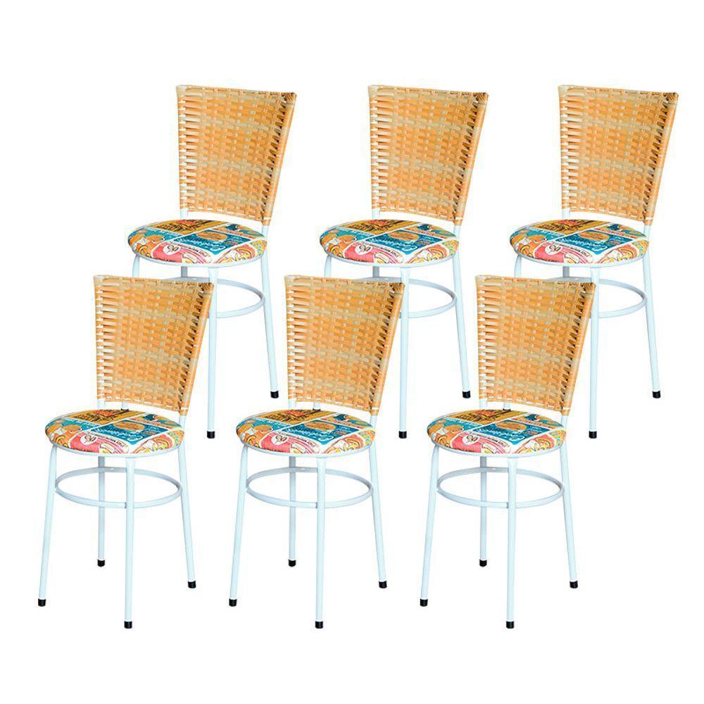 6 Cadeiras Para Mesa Branca Hawai Palha Assento Floral Happy Hour - 1