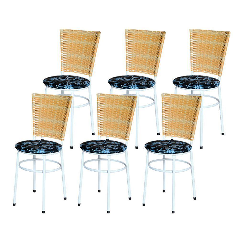 6 Cadeiras Para Mesa Branca Hawai Palha Assento Floral Preto - 1