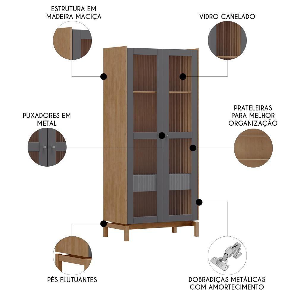 Cristaleira Portas Vidro 80cm Com Gaveta Soleil Tauari/grafite F07 - Mpozenato - 6