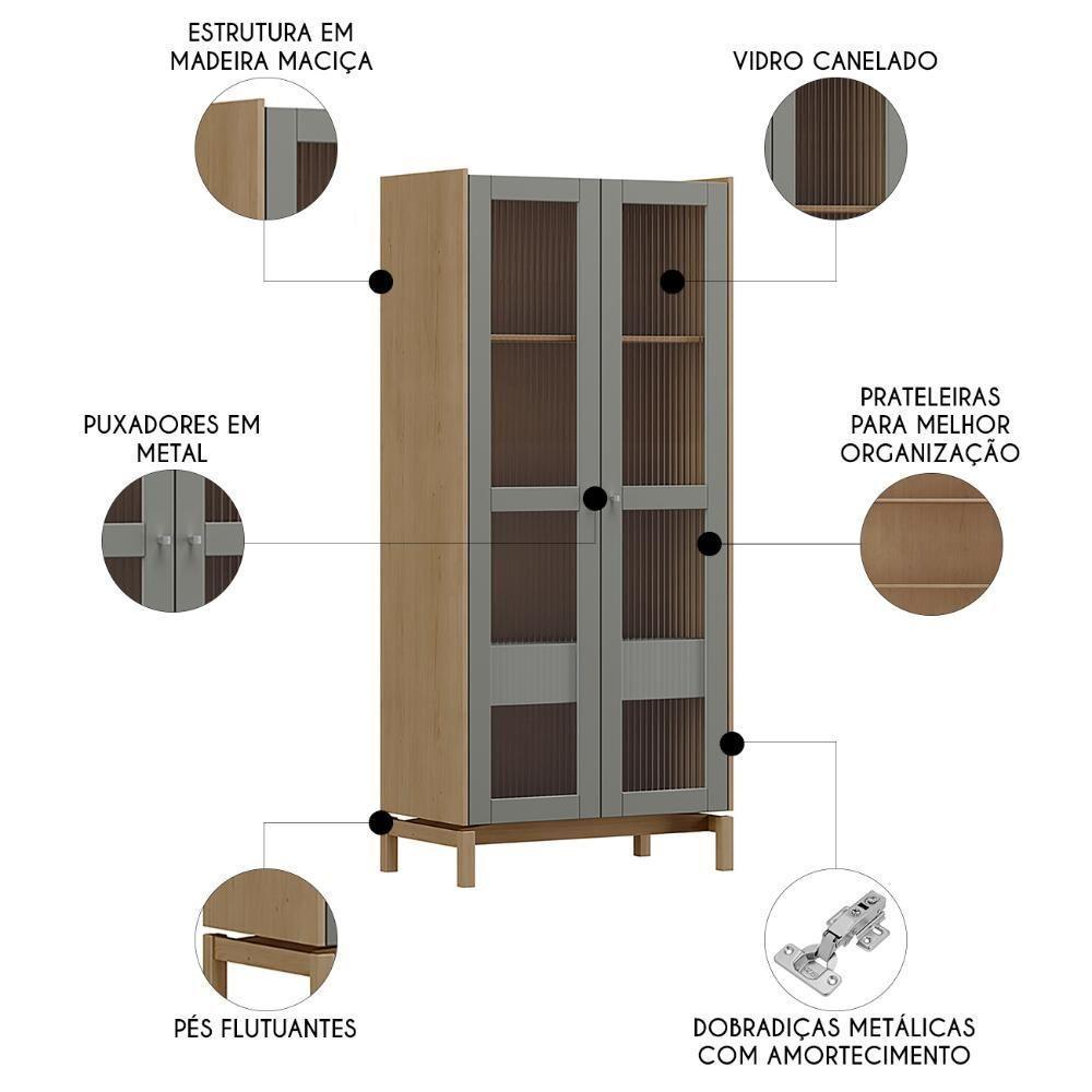 Cristaleira Portas Vidro 80cm Com Gaveta Soleil Oak/cinza F07 - Mpozenato - 3