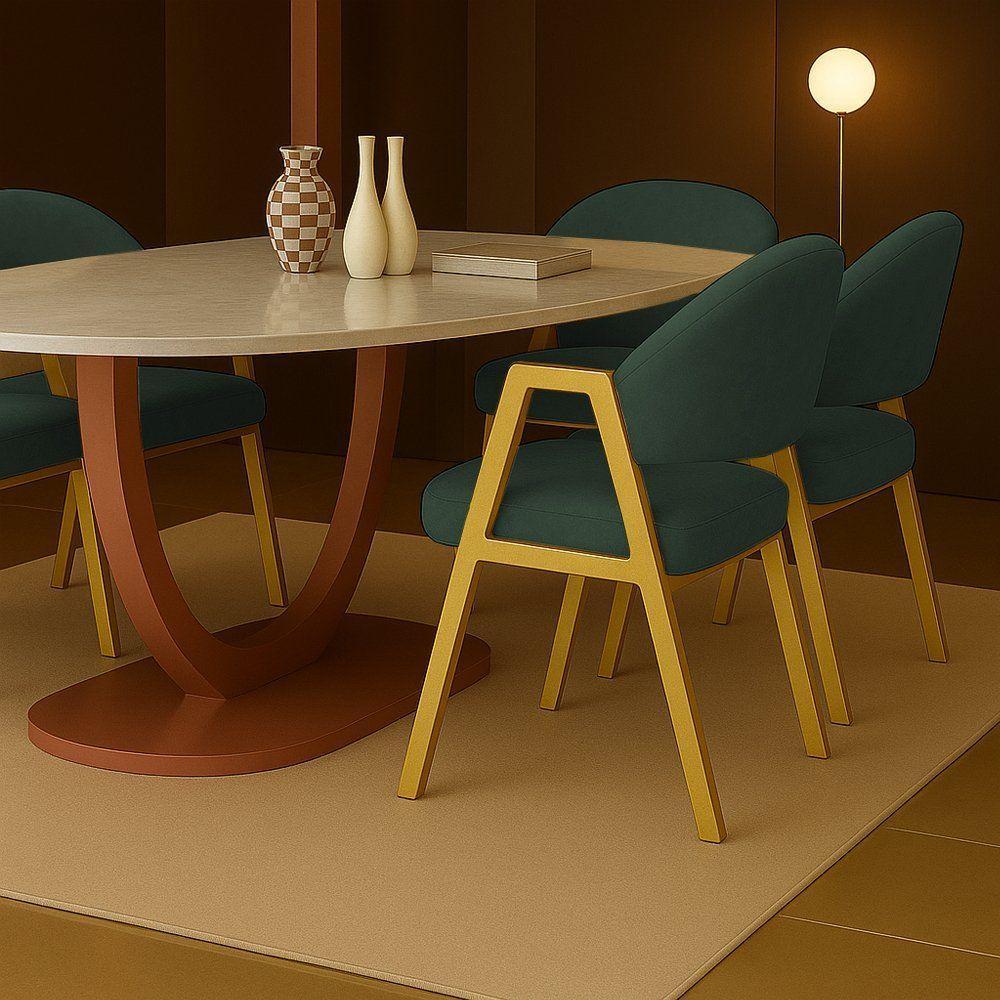 Cadeira De Jantar Antonella Boucle Estilo Poltrona Com Pés Dourados - 7 Decor Verde Escuro - 2