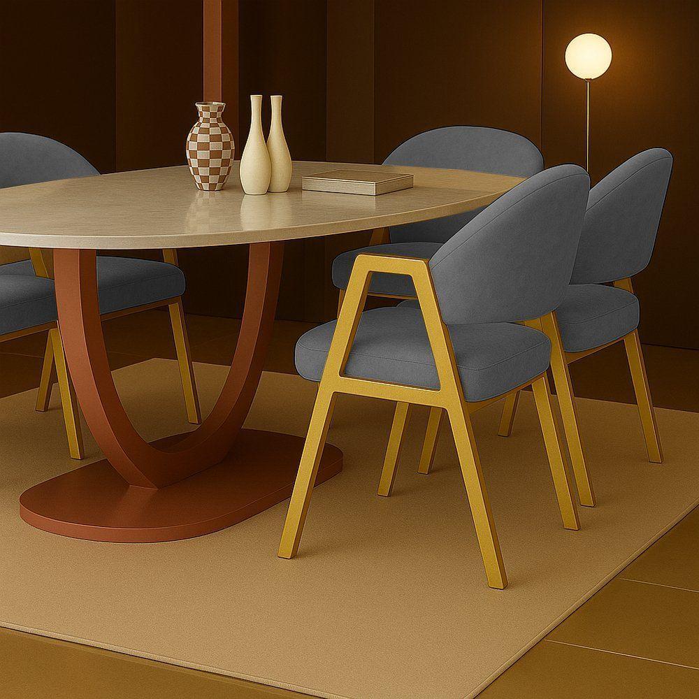 Cadeira De Jantar Antonella Boucle Estilo Poltrona Com Pés Dourados - 7 Decor Cinza Escuro - 2