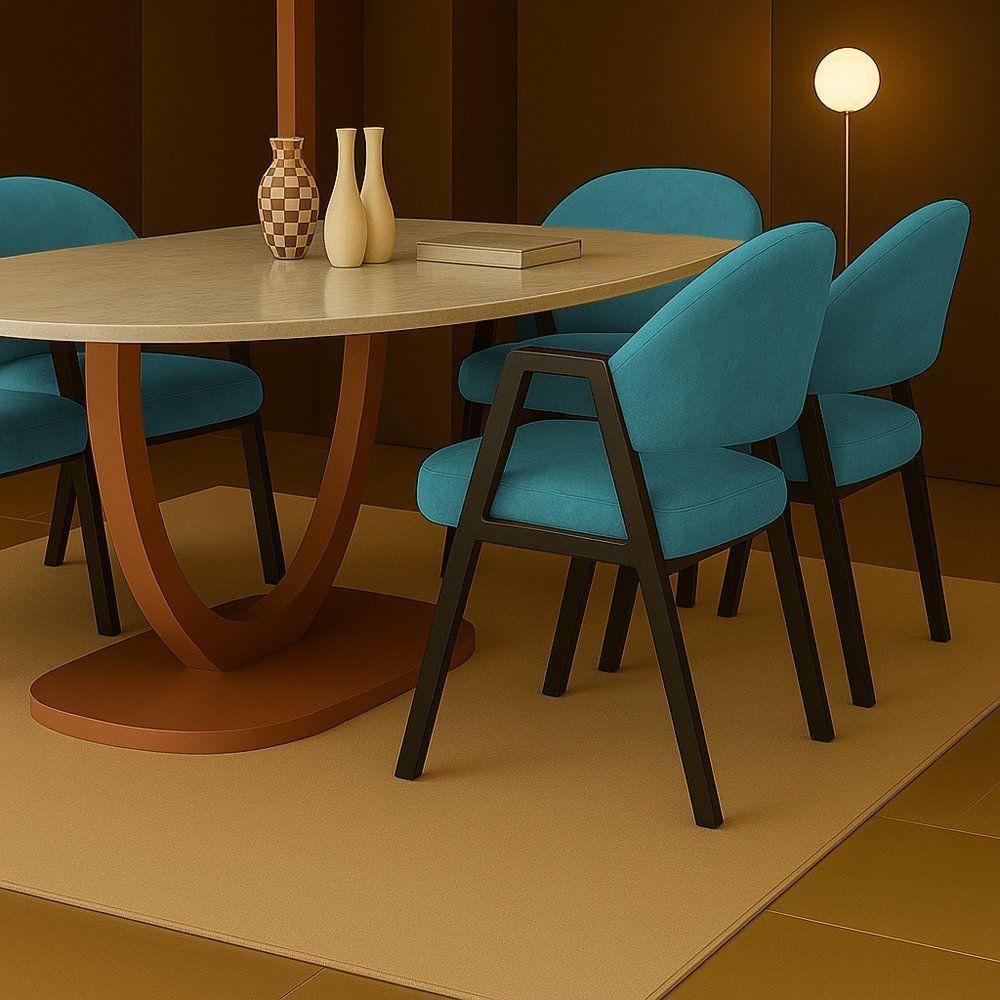 Cadeira De Jantar Antonella Boucle Estilo Poltrona Com Pés Preto - 7 Decor Azul Turquesa - 2