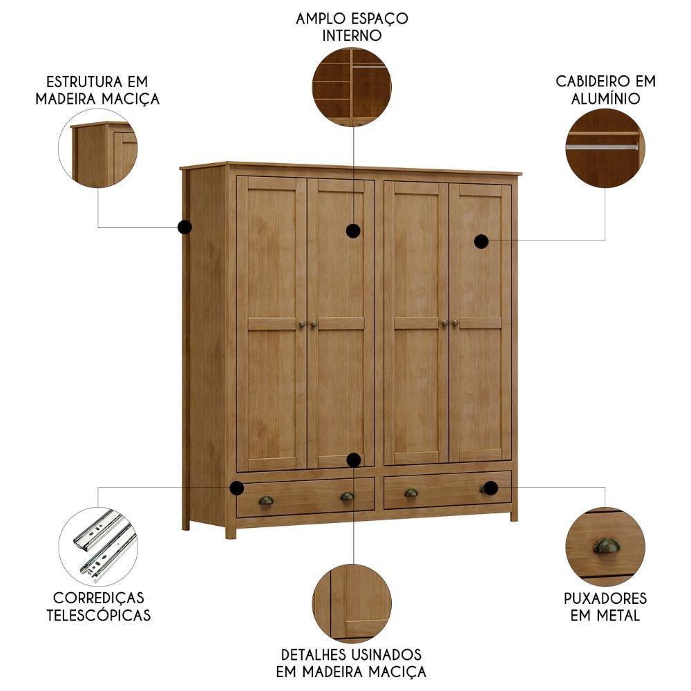 Guarda Roupa Casal 176cm 4 Portas 2 Gavetas Lázio Freijó F07 - Mpozenato - 5