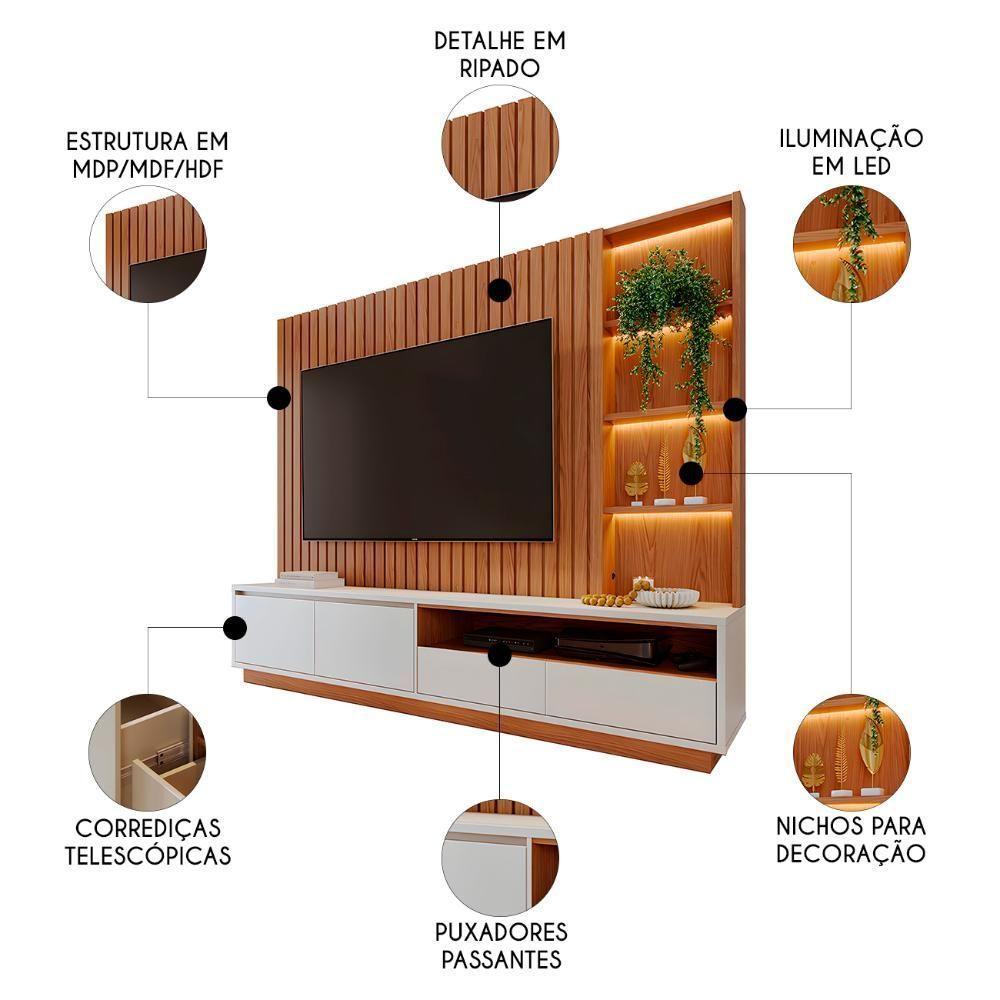 Estante Painel TV 82 Polegadas 240cm Com Led Hawai Freijó Off White C05 - Mpozenato - 3