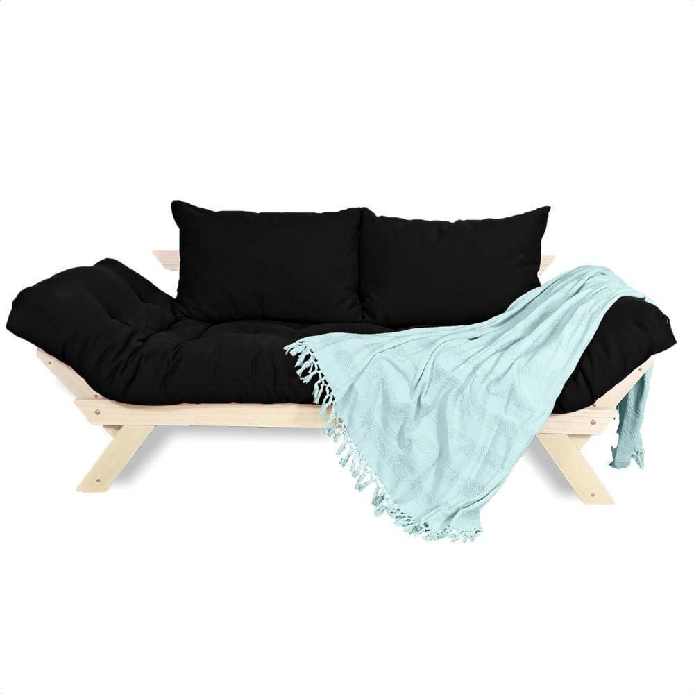 Sofá Japão Futon Sarja Madeira Sem Pintura - Preto - 1