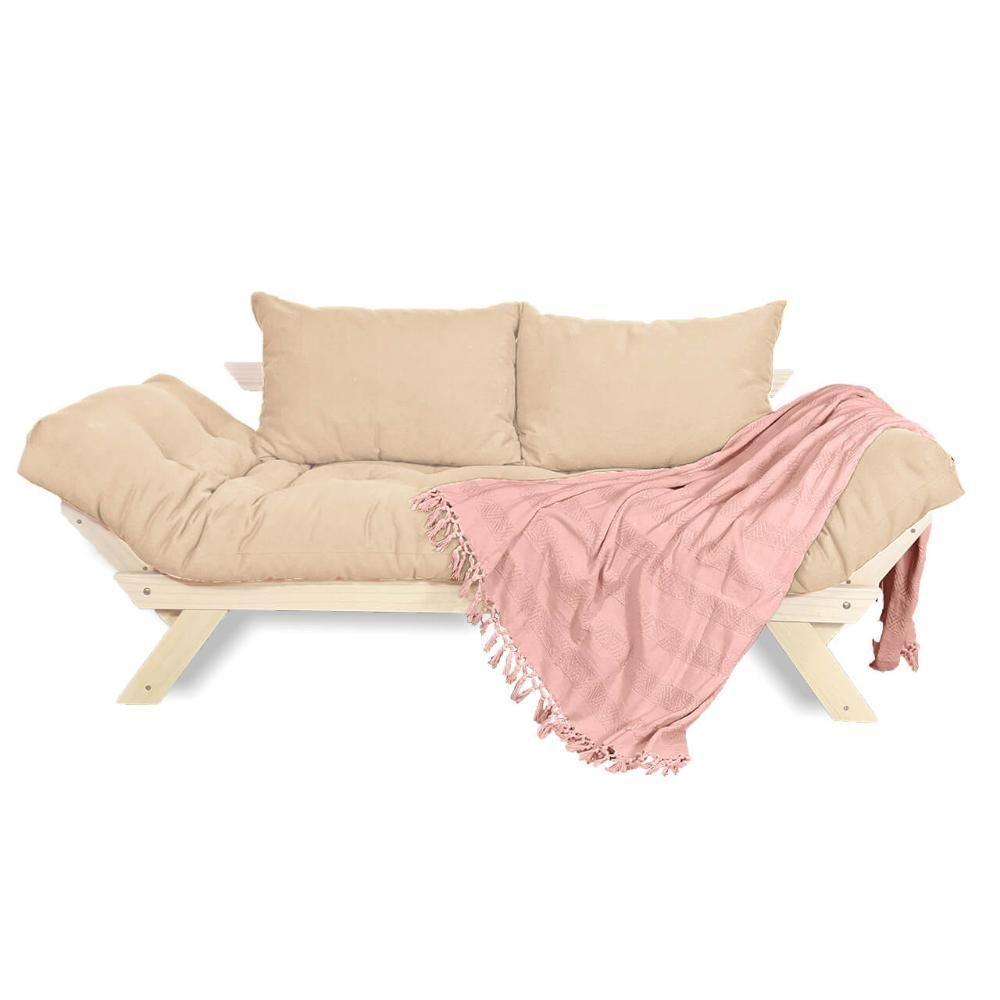Sofá Japão Futon Sarja Impermeável Bege Em Madeira Maciça - 1