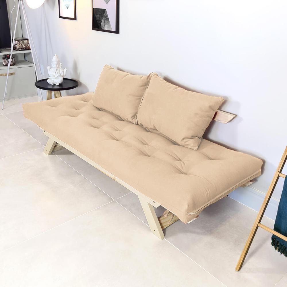 Sofá Japão Futon Sarja Impermeável Bege Em Madeira Maciça - 5