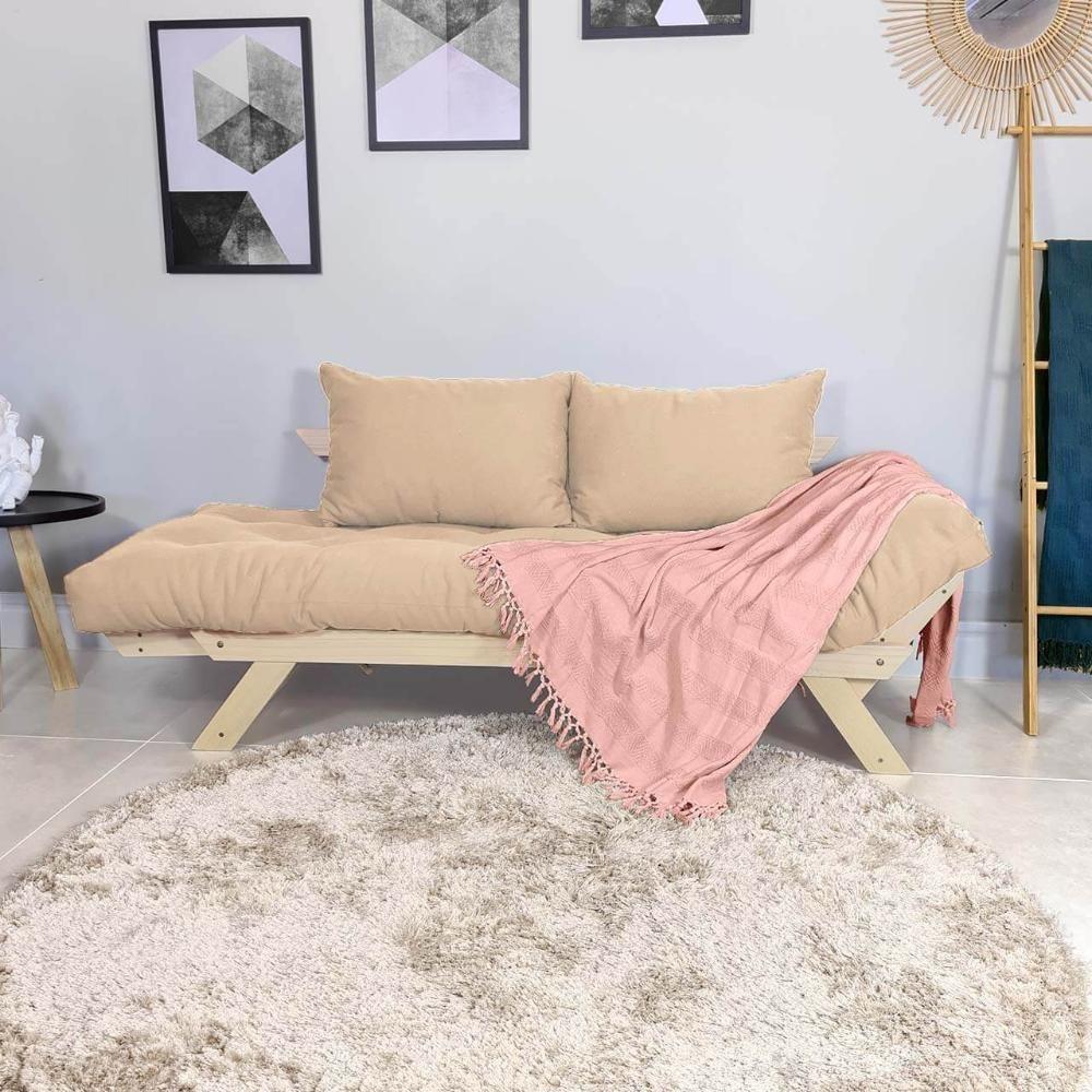 Sofá Japão Futon Sarja Impermeável Bege Em Madeira Maciça - 6