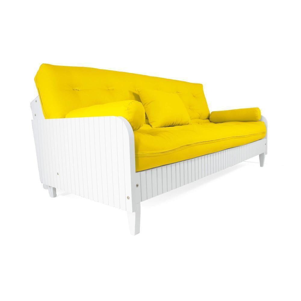Sofá Cama Paris Ripado Branco Sarja Amarelo Madeira Nobre - 2