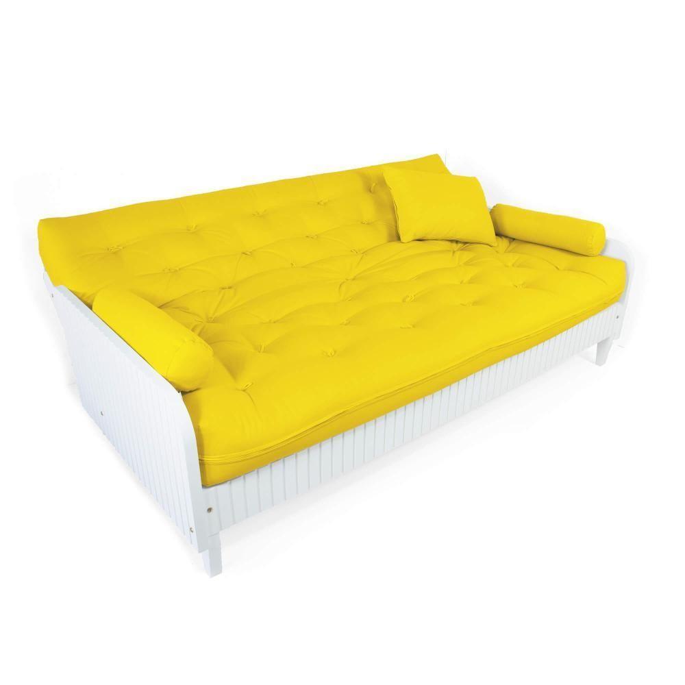 Sofá Cama Paris Ripado Branco Sarja Amarelo Madeira Nobre - 4