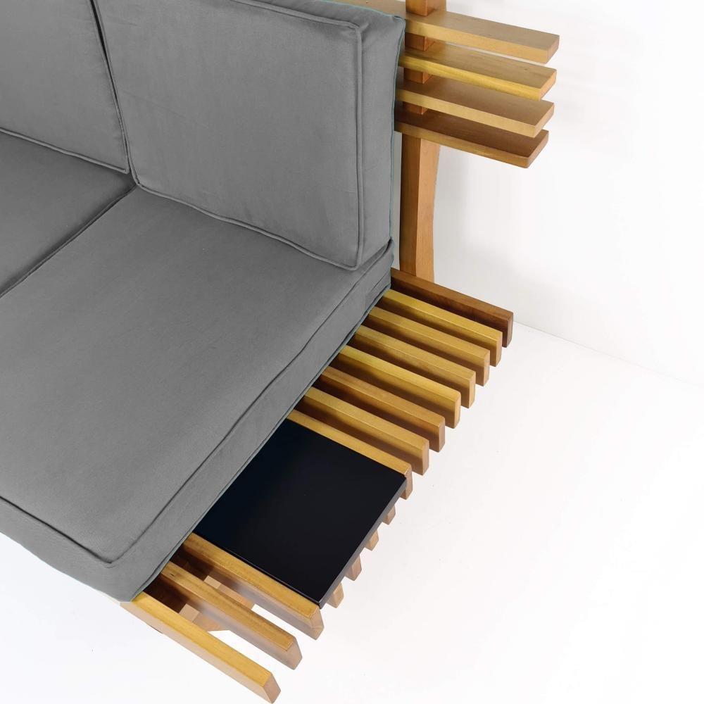 Sofá 3 Lugares Madeira Nobre Maciça Xangai Sala Moderna Cinza - 3