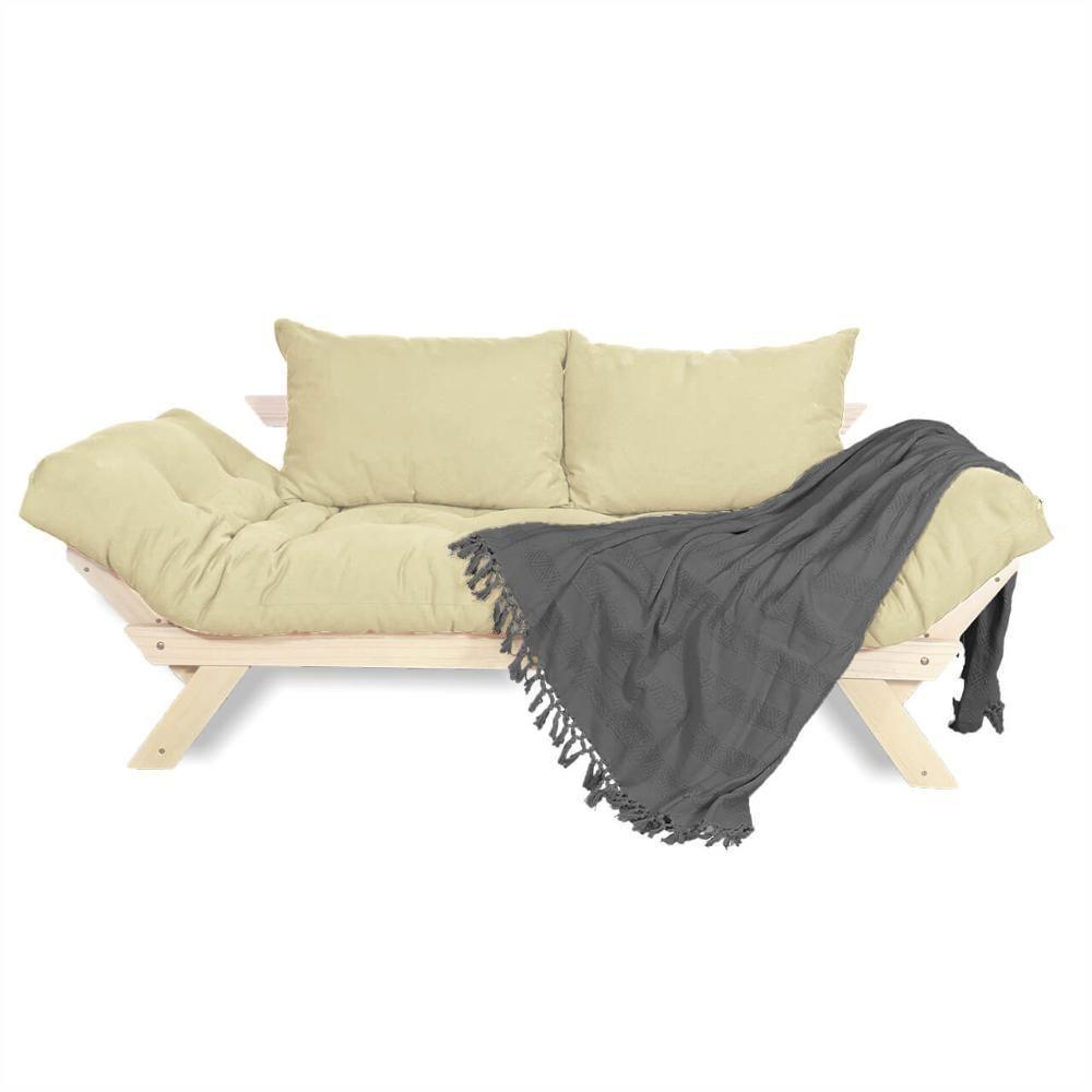 Sofá Japão Futon Sarja Madeira Sem Pintura - Bege Claro - 1