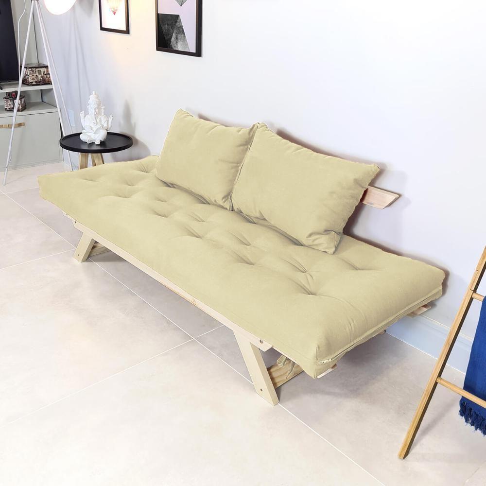 Sofá Japão Futon Sarja Madeira Sem Pintura - Bege Claro - 5