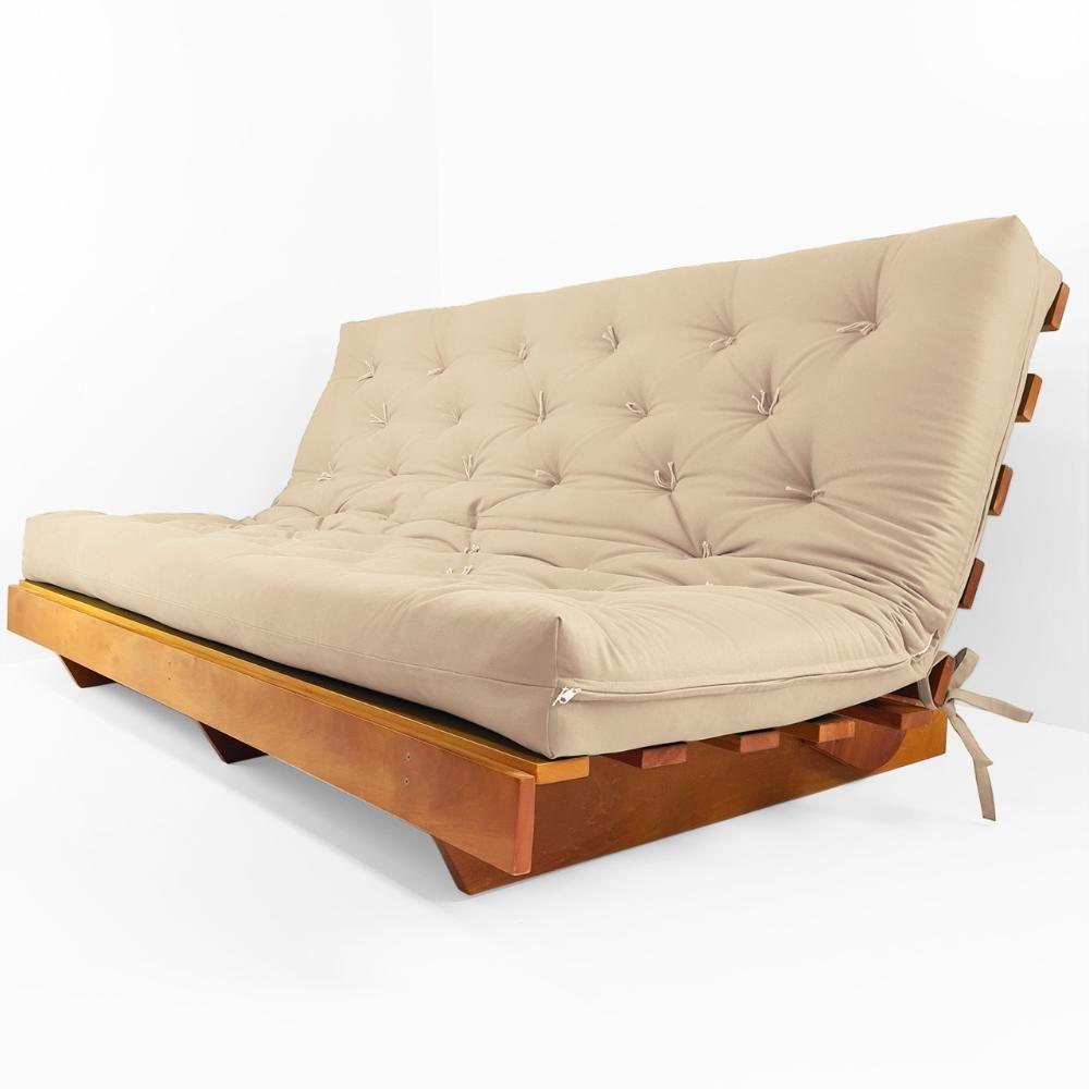 Sofá Cama Futon L Sarja Impermeável Bege Em Madeira Nobre Maciça - 1