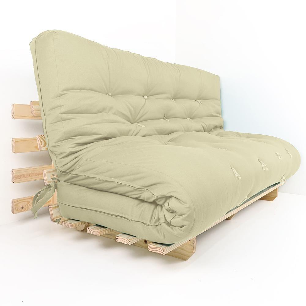 Sofa Cama Futon Oriental King Bege Madeira Maciça Pinus Natural Sem Pintura - 1