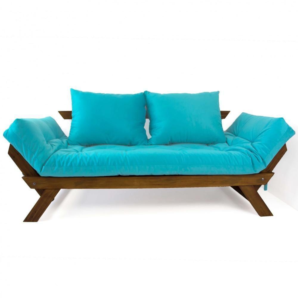 Sofá Japão Futon Azul Turquesa Madeira Maciça Imbuia - 1