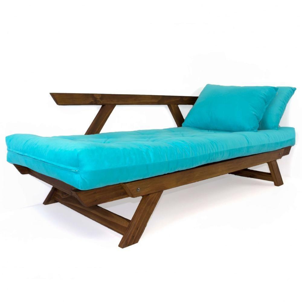 Sofá Japão Futon Azul Turquesa Madeira Maciça Imbuia - 2