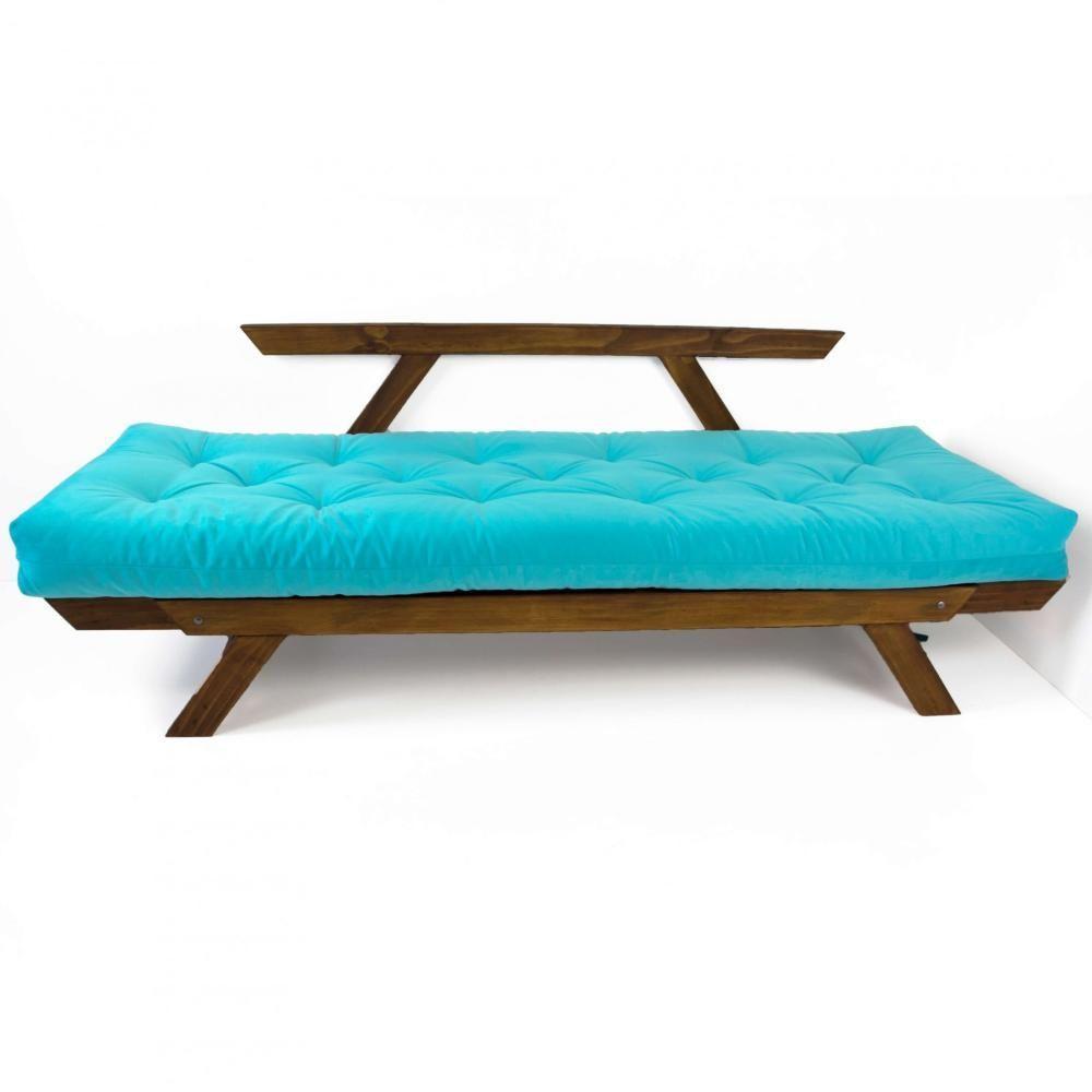 Sofá Japão Futon Azul Turquesa Madeira Maciça Imbuia - 4