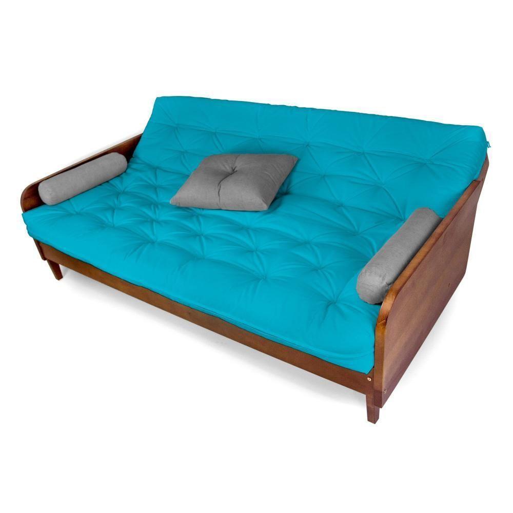 Sofá Cama Paris Sarja Azul Tiffany Madeira Nobre Cor Imbuia - 5