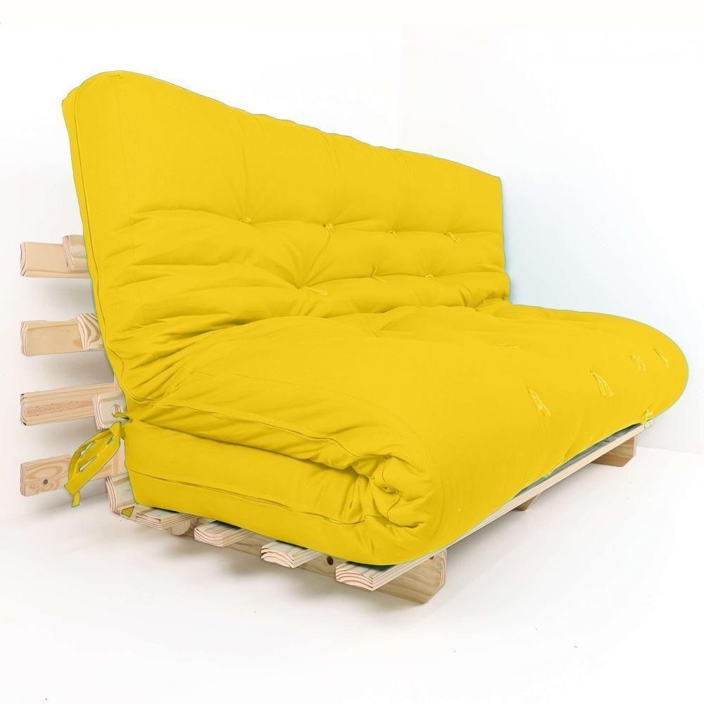 Sofa Cama Futon Oriental King Amarelo Madeira Maciça Pinus Natural Sem Pintura - 1