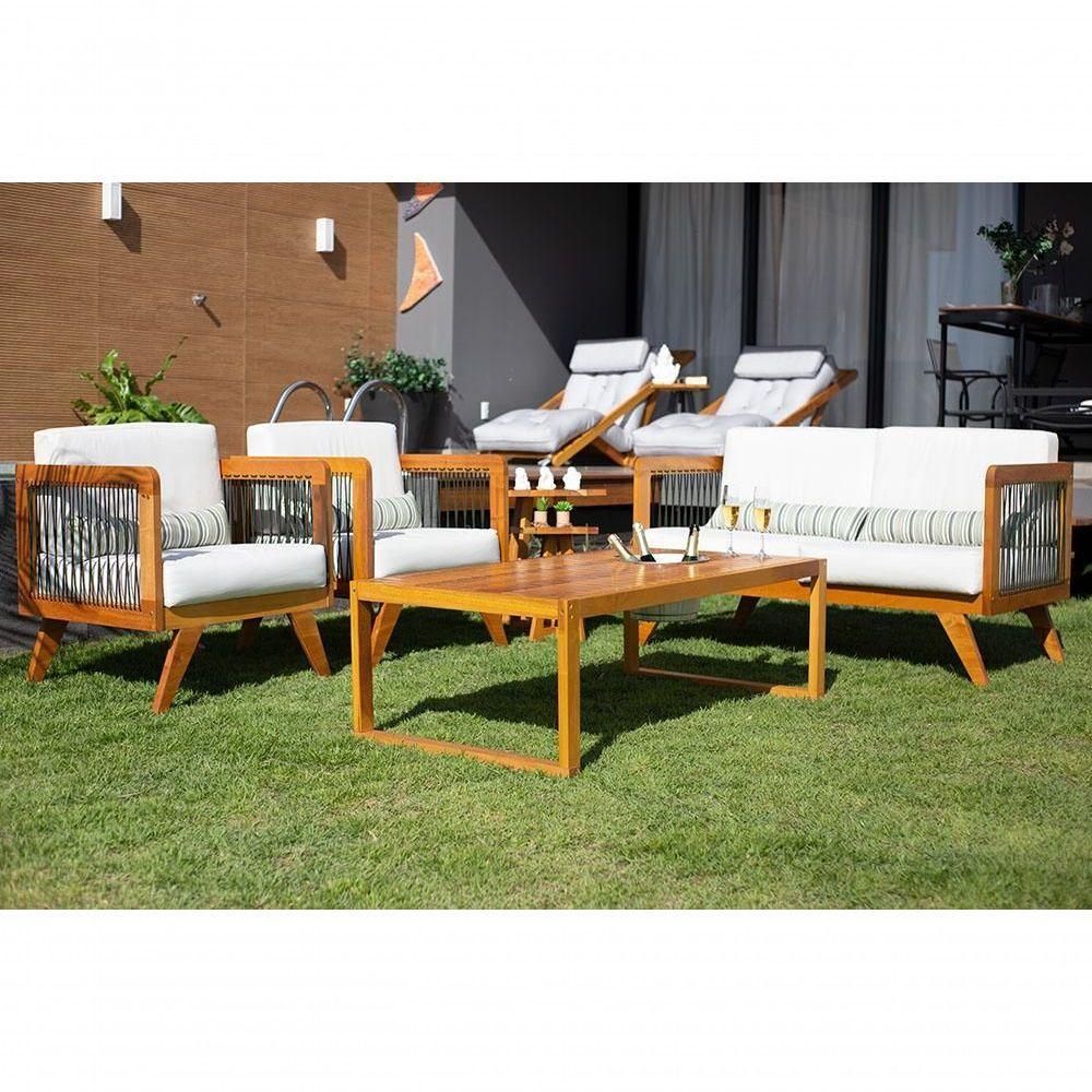 Sofá De Madeira 2 Lugares Corda Naval + 2 Poltronas Caribe + Mesa Cooler E Lareira - 4