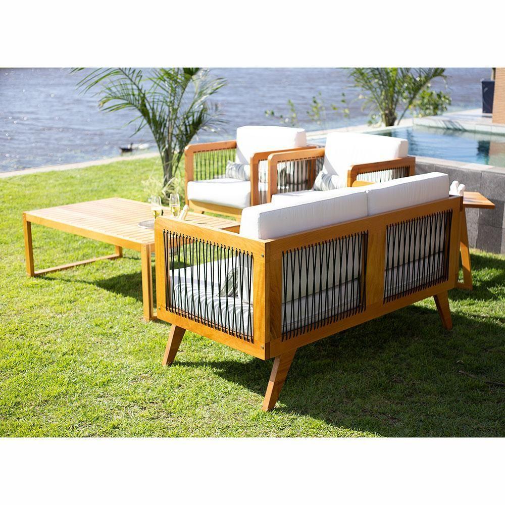 Sofá De Madeira 2 Lugares Corda Naval + 2 Poltronas Caribe + Mesa Cooler E Lareira - 5