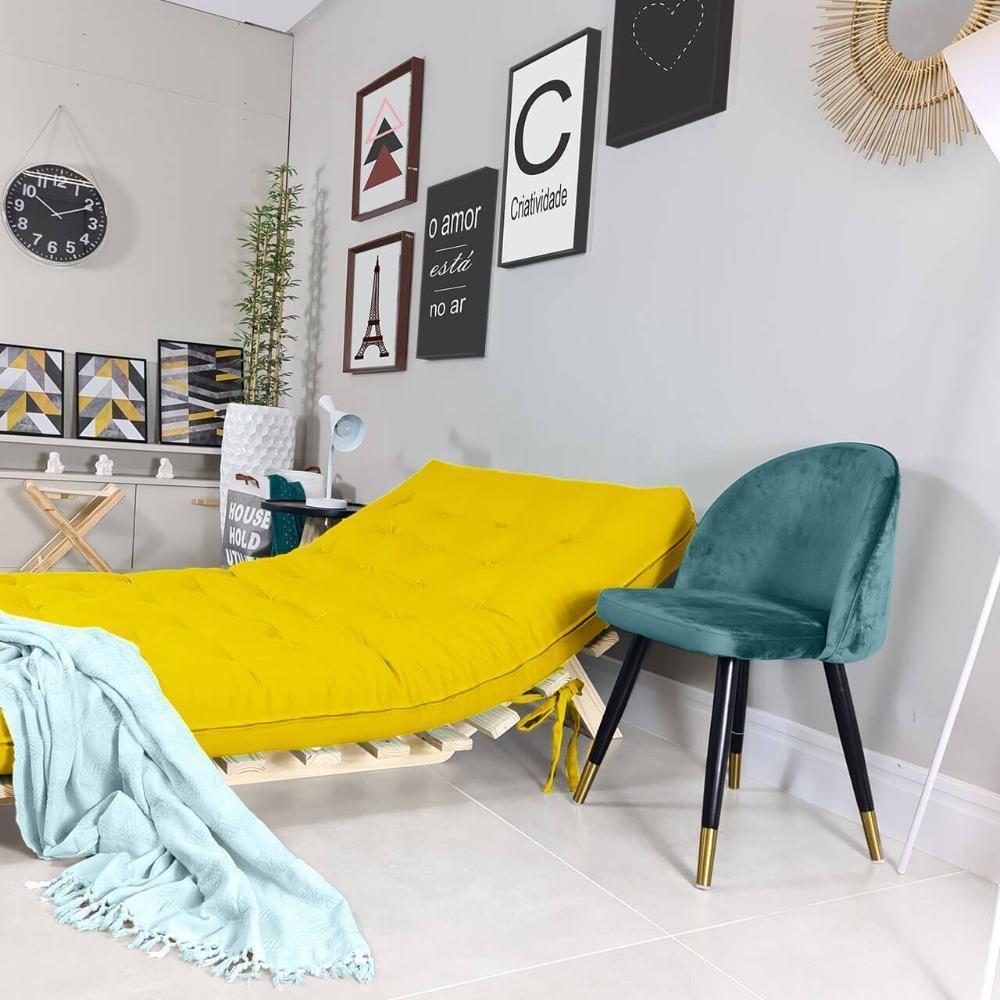 Sofa Cama Casal Futon Oriental Amarelo Com Madeira Maciça. - 3