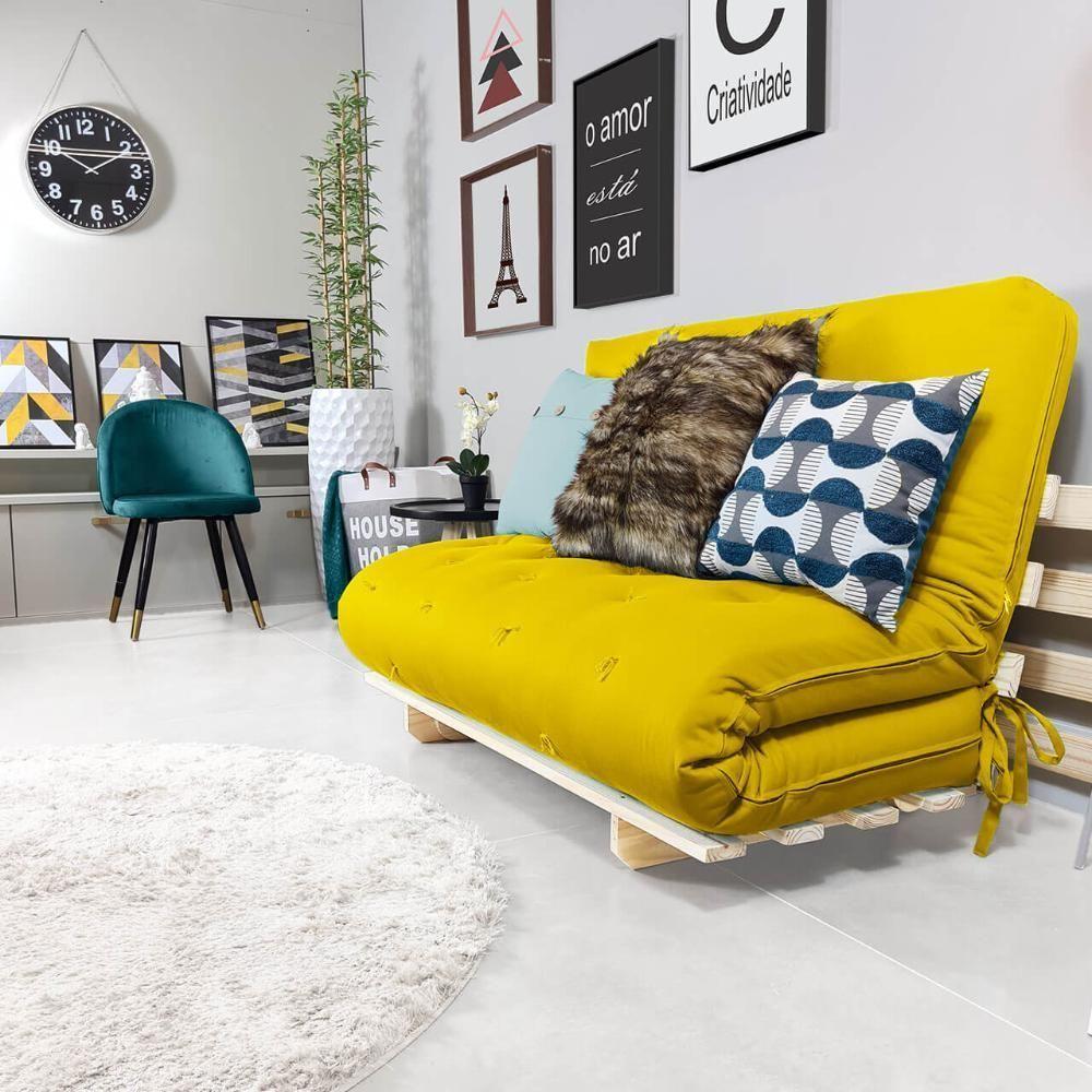 Sofa Cama Casal Futon Oriental Amarelo Com Madeira Maciça. - 5