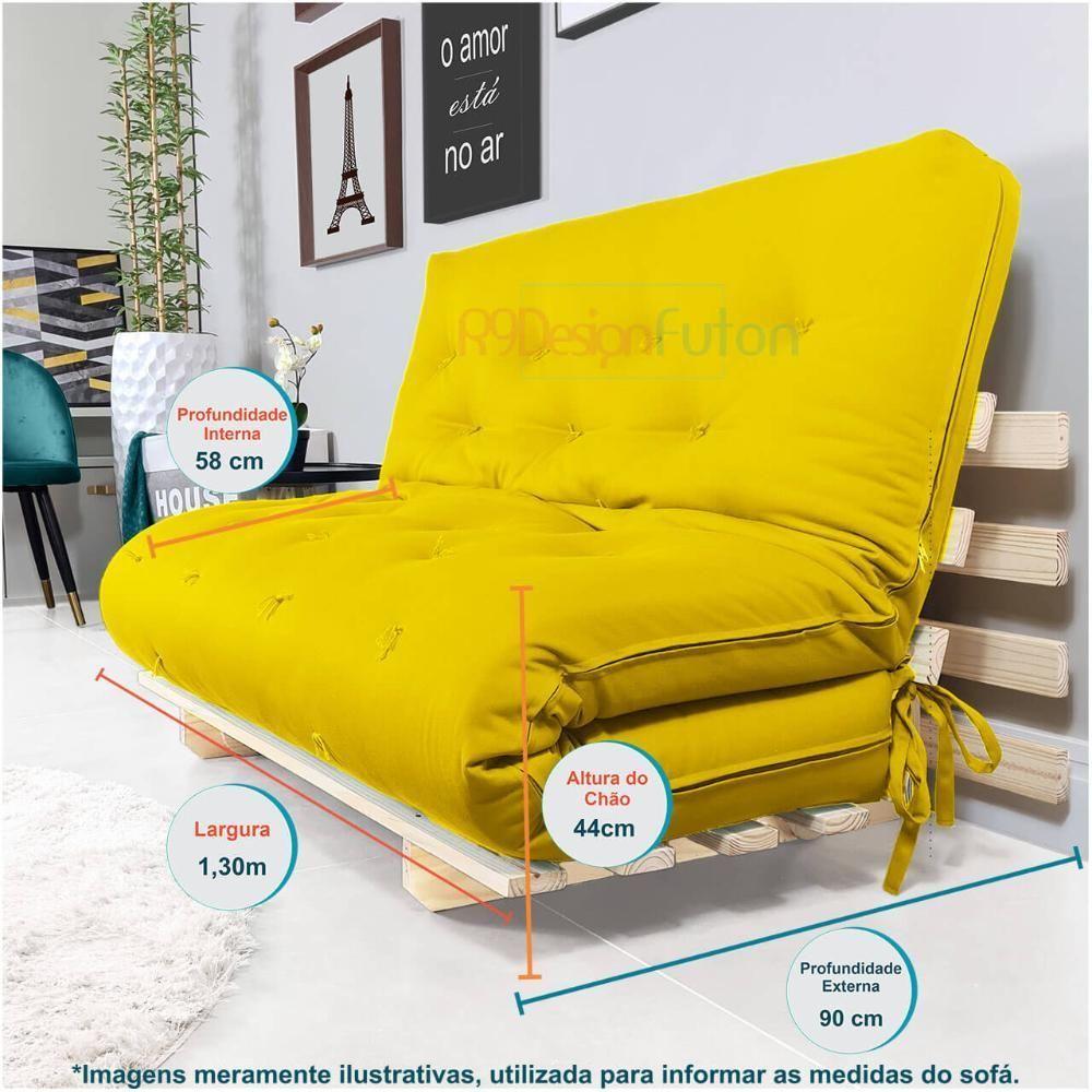 Sofa Cama Casal Futon Oriental Amarelo Com Madeira Maciça. - 7