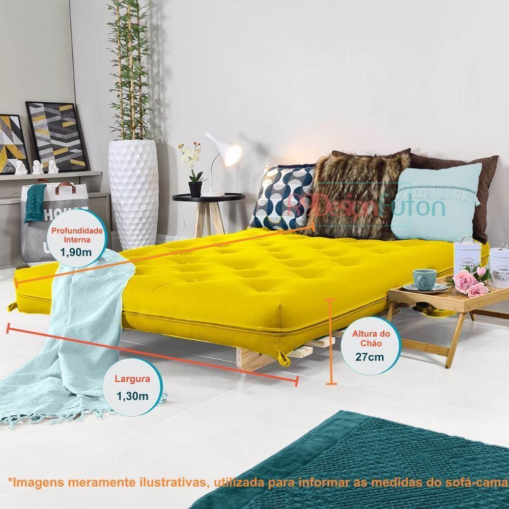 Sofa Cama Casal Futon Oriental Amarelo Com Madeira Maciça. - 8