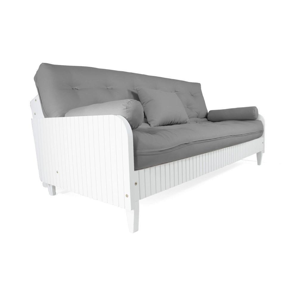 Sofá Cama Paris Ripado Branco Sarja Cinza Madeira Nobre - 2
