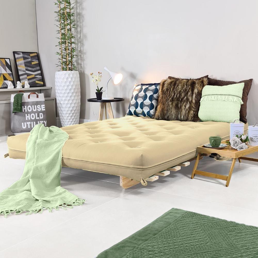Sofa Cama Casal Futon Oriental Bege Sarja Impermeável Com Madeira Maciça - 2