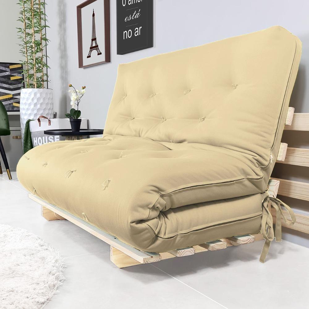 Sofa Cama Casal Futon Oriental Bege Sarja Impermeável Com Madeira Maciça - 6