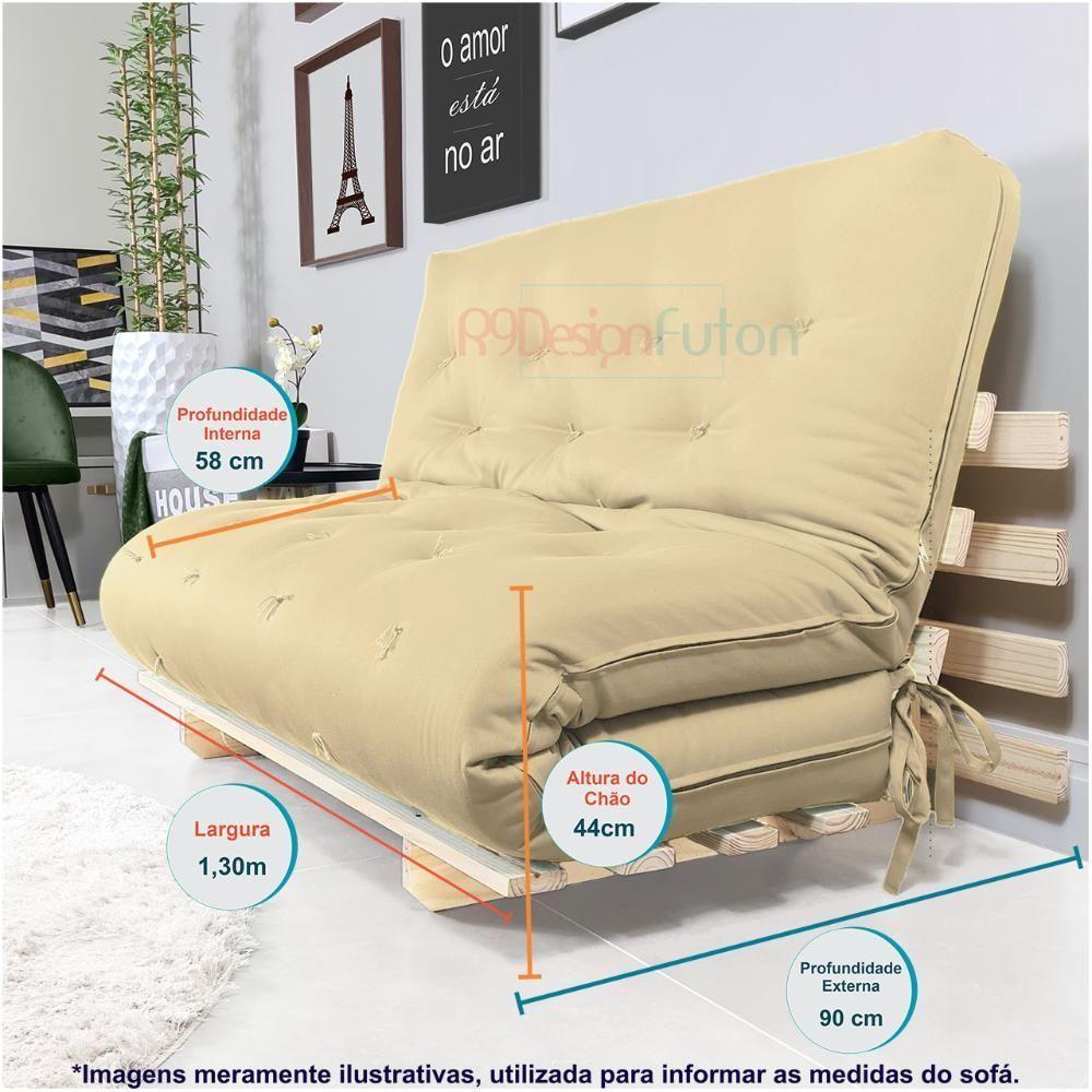 Sofa Cama Casal Futon Oriental Bege Sarja Impermeável Com Madeira Maciça - 7