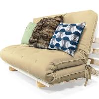 Sofa Cama Casal Futon Oriental Bege Sarja Impermeável Com Madeira Maciça - 1