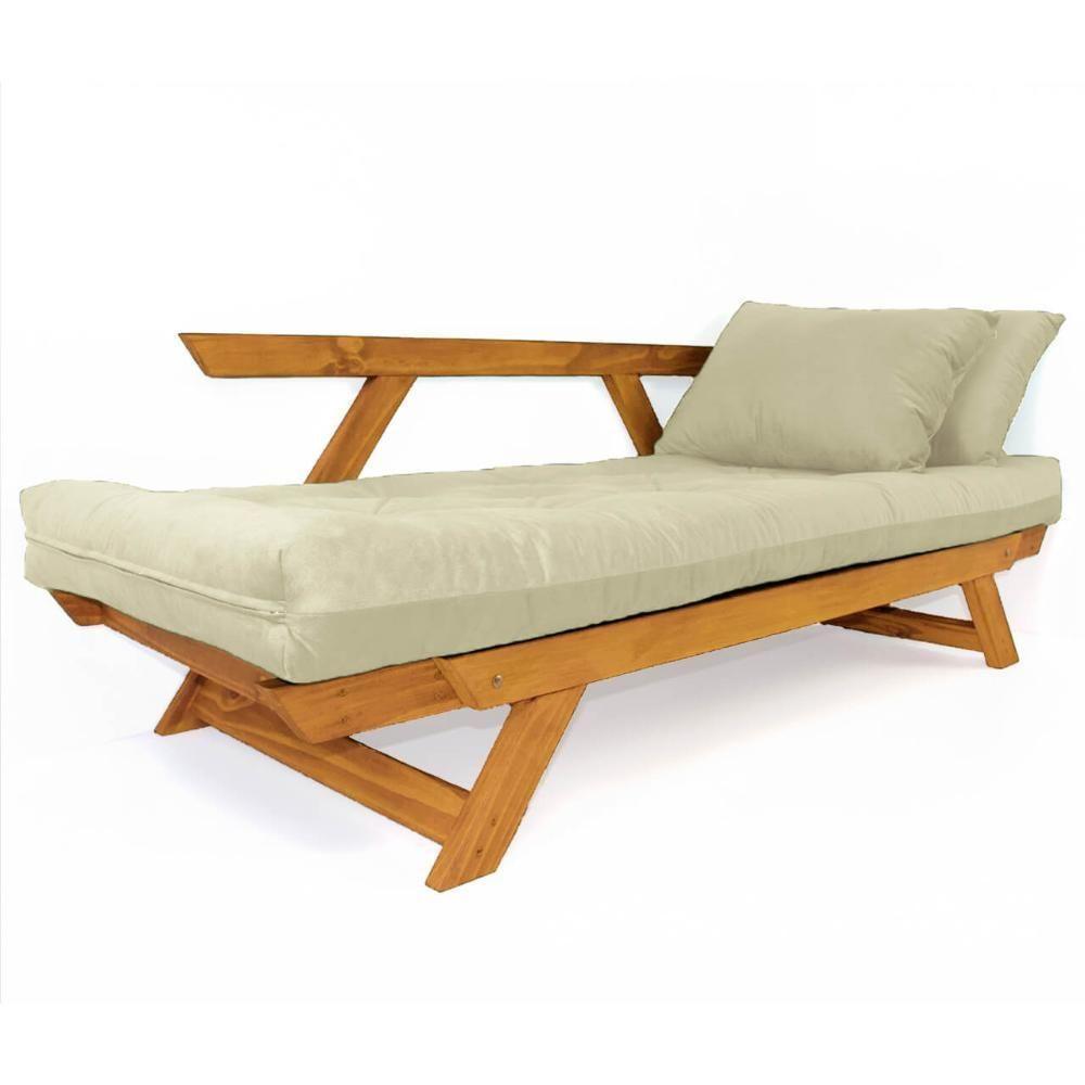 Sofá Japão Futon Sarja Madeira Cor Mel - Bege Claro - 3