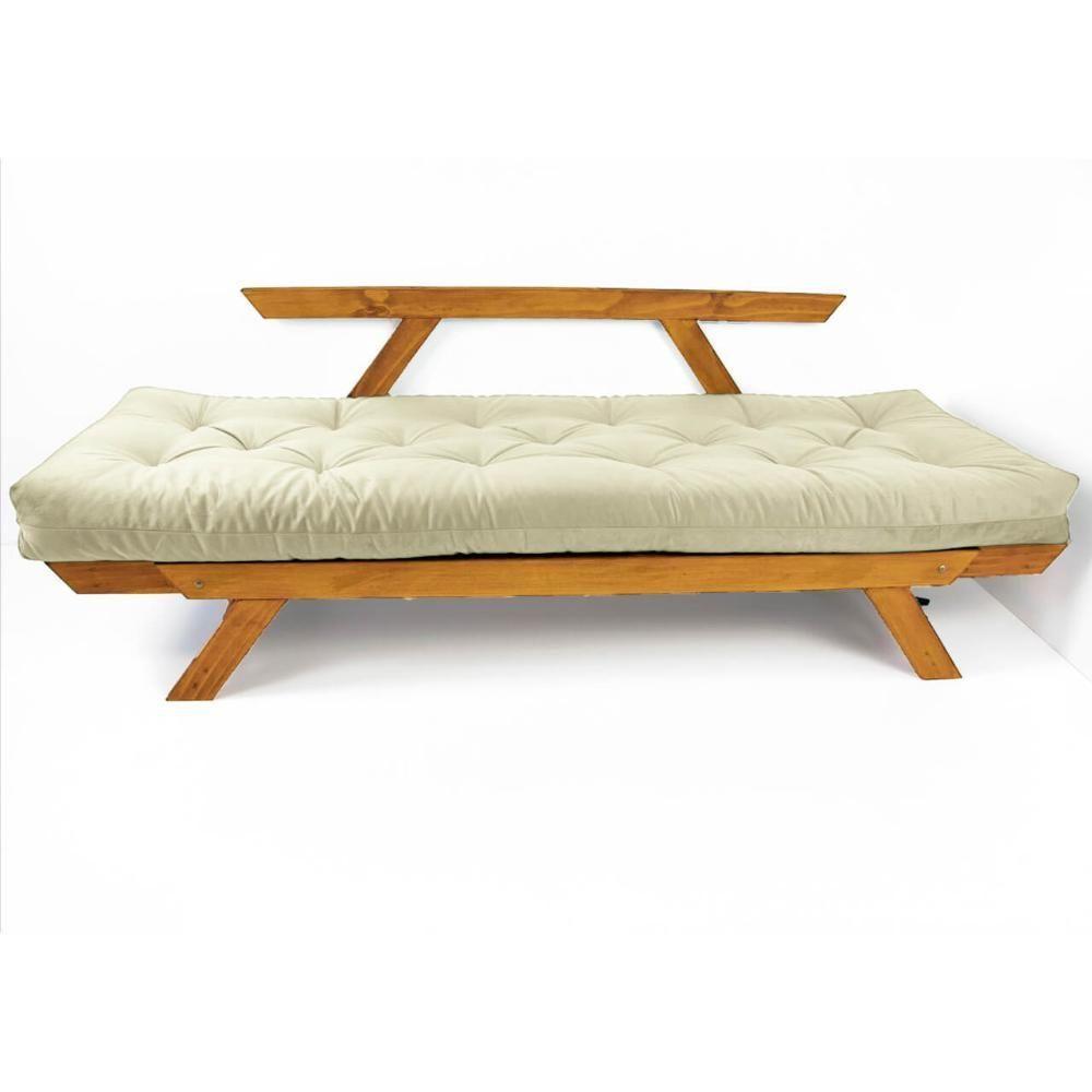 Sofá Japão Futon Sarja Madeira Cor Mel - Bege Claro - 4
